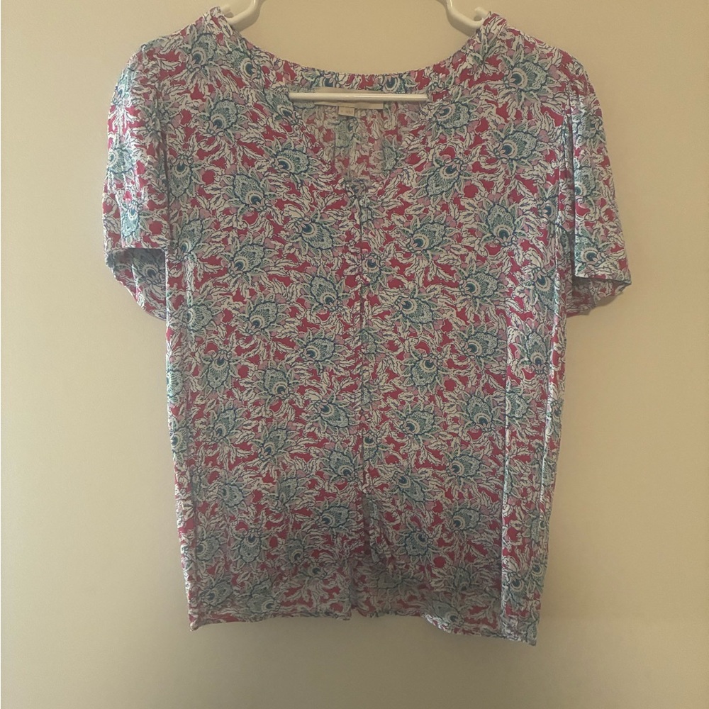 LOFT Vibrant Red and Blue Patterned Short Sleeve Tee